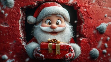 3D cartoon-style illustration, with a cute smiling Santa Claus peeking out from a hole in a red wall, holding a present box
