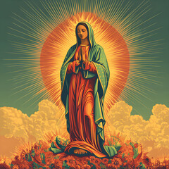 Our lady of guadalupe praying in heaven with flowers and sunbeams
