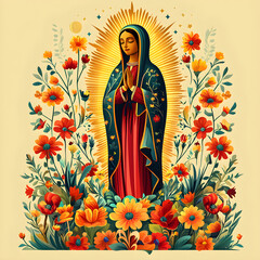Our lady of guadalupe praying surrounded by colorful flowers