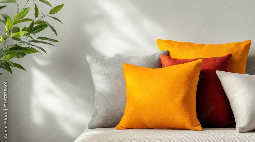 Poster a stylish sofa adorned with an array of colorful throw pillows, creating a warm and inviting atmosph