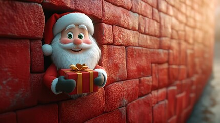 3D cartoon-style illustration, with a cute smiling Santa Claus peeking out from a hole in a red wall, holding a present box