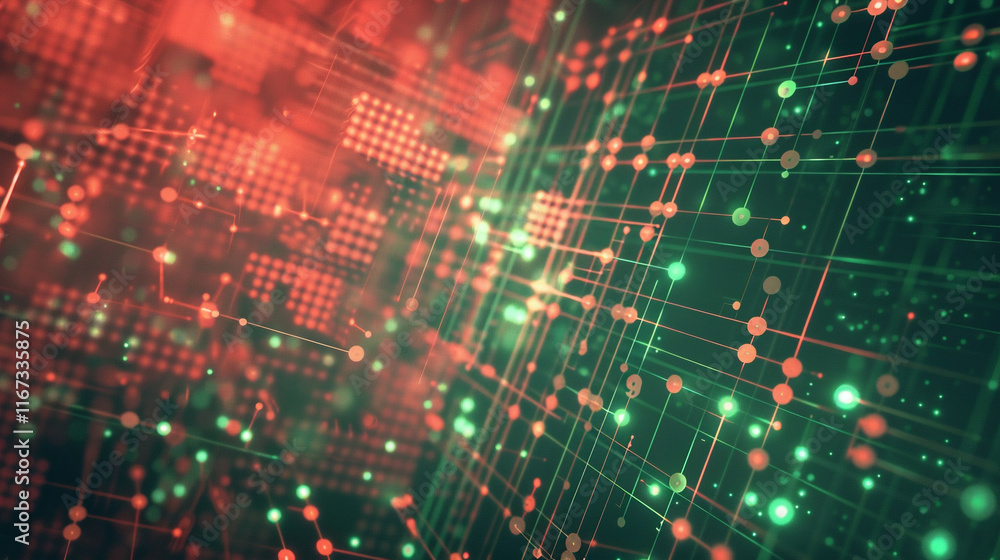 Poster a red and green pattern of dots. the red and green dots are arranged in a way that creates a sense o