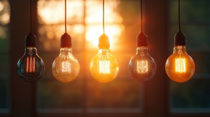 This image features a set of hanging light bulbs beautifully illuminated against a stunning sunset backdrop, emphasizing warmth and the beauty of twilight moments.