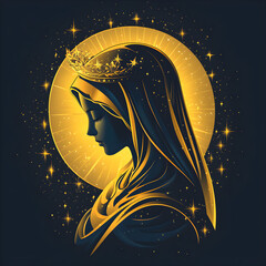 Virgin mary wearing crown of stars with golden halo
