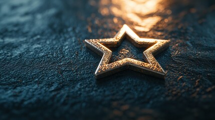 Gold star on textured surface with bright blurred light for decoration.