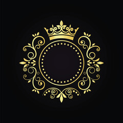 Elegant gold crown emblem with intricate floral patterns on a luxurious black background  
