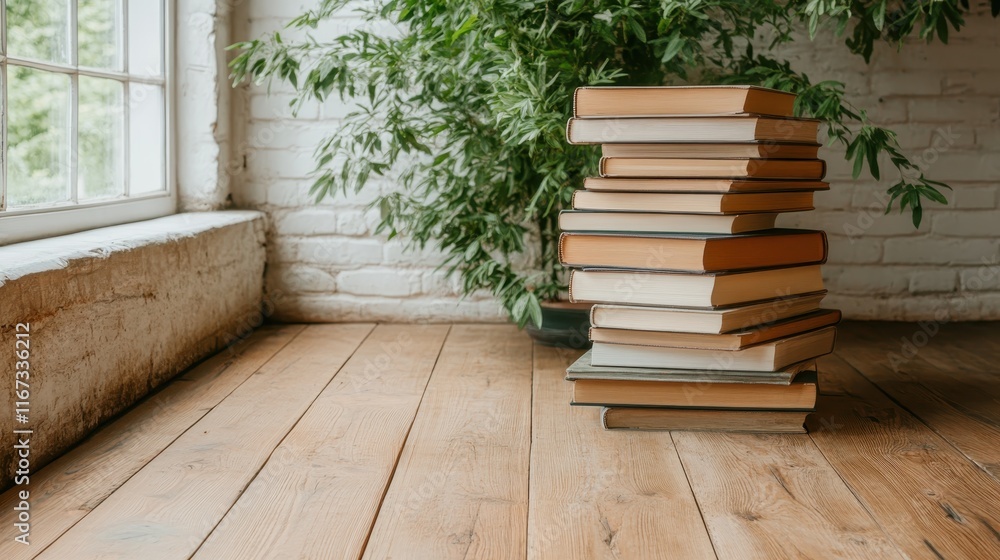 Poster a neatly arranged stack of books sits in a warm, inviting space, perfect for readers seeking comfort