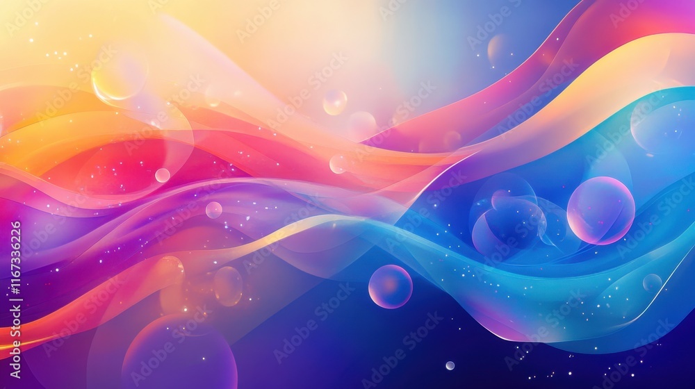 Poster abstract colorful waves with floating bubbles digital art background