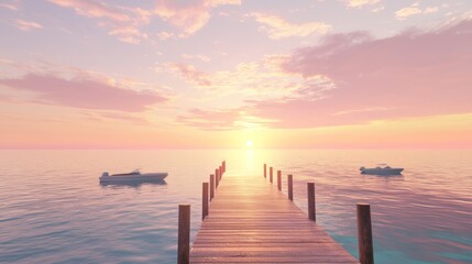 Fototapeta premium Tranquil Coastal Sunset - Photorealistic View of Wooden Pier, Boats, and Pastel Sky at Dusk