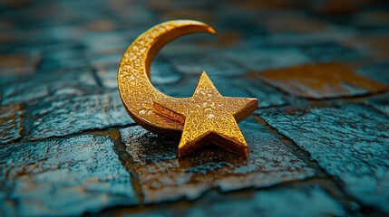 Golden crescent moon and star on wet stone surface.