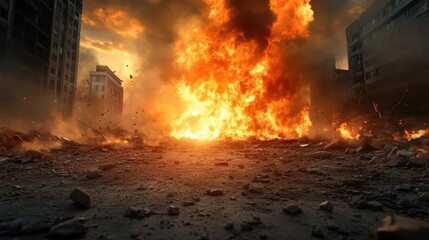 A massive explosion engulfs an urban landscape, casting a fiery glow over the ruins while symbolizing chaos and the human impact of conflict and destruction.