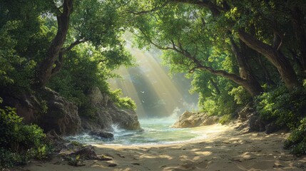 Obraz premium Serene Hidden Beach Cove with Lush Vegetation and Sun-Dappled Waves - Ultra-Detailed Photorealistic Scene of Tranquil Nature Retreat