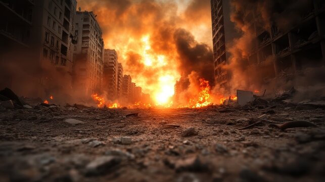 A striking depiction of urban chaos, showcasing buildings in flames and billowing smoke, emphasizing the devastation of destruction in a desolate environment.