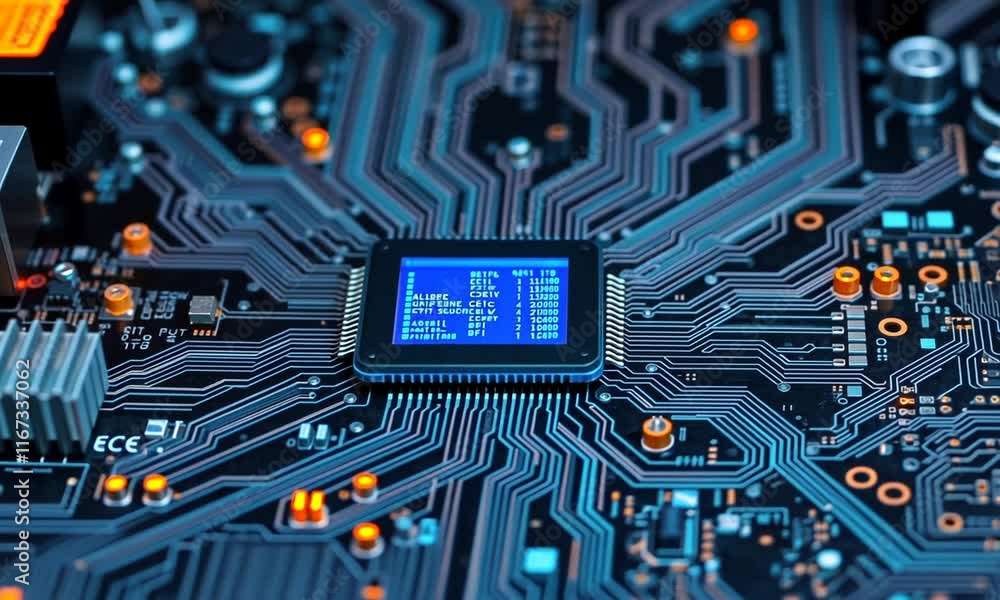 Poster closeup of microchip on circuit board