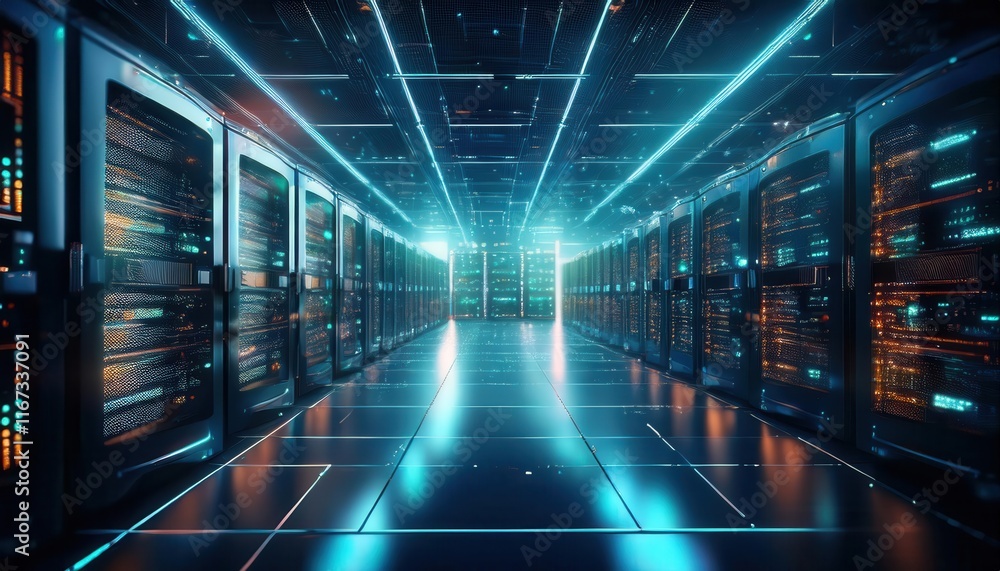 Poster a futuristic data center filled with illuminated server racks, showcasing advanced technology in a s
