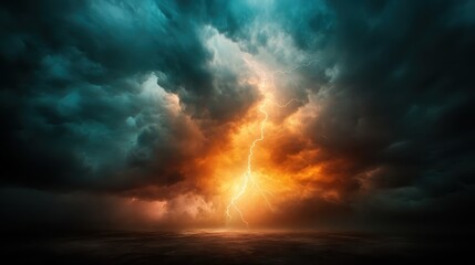 A dramatic display of lightning crackles across the dark sky, illuminating the clouds with a surreal glow, reflecting the raw power and beauty of thunderous nature.