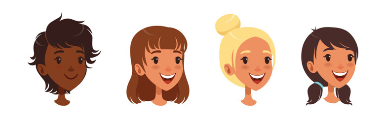 Woman Smiling Face Head with Different Hairstyle Vector Set