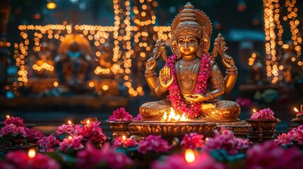 Fototapeta premium Golden statue with flowers, fire, and lights in an outdoor festive setting.