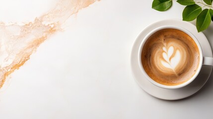 This captivating image showcases a cup of artisan coffee with intricate latte art, resting on a white plate. It symbolizes the beauty of craftsmanship in every sip.