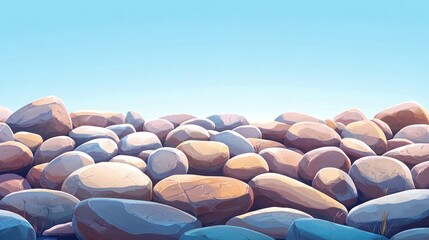 Obraz premium Peaceful and serene landscape featuring a natural arrangement of smooth stones pebbles and boulders against a calm blue sky The textured earthy ground creates a calming and meditative atmosphere