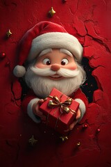 3D cartoon-style illustration, with a cute smiling Santa Claus peeking out from a hole in a red wall, holding a present box