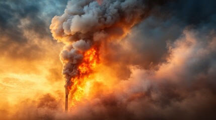 A dramatic image depicting thick smoke billowing from an industrial facility, with fiery elements emerging against a backdrop of a striking dusky sky.