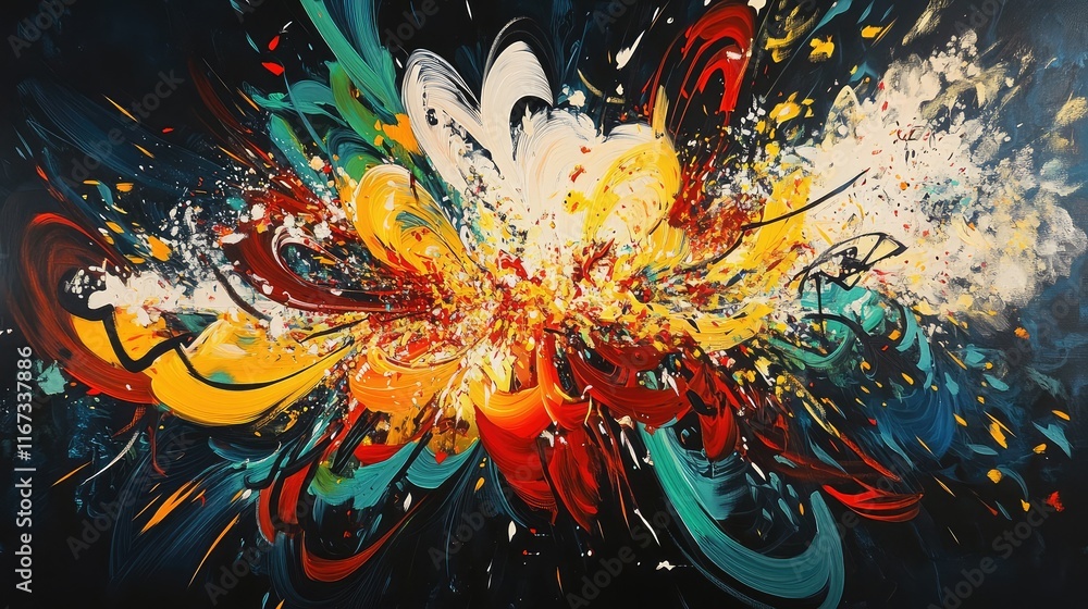 Poster abstract calligraphy with explosive fireworks in the background, creating a festive, energetic compo
