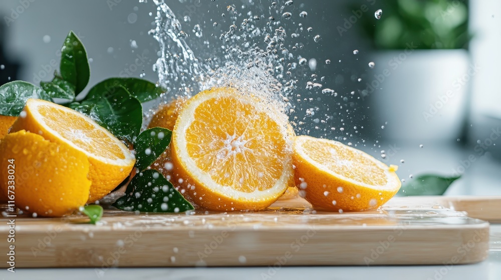 Poster sliced oranges alongside fresh leaves with droplets of water splashing, presenting a dynamic and app