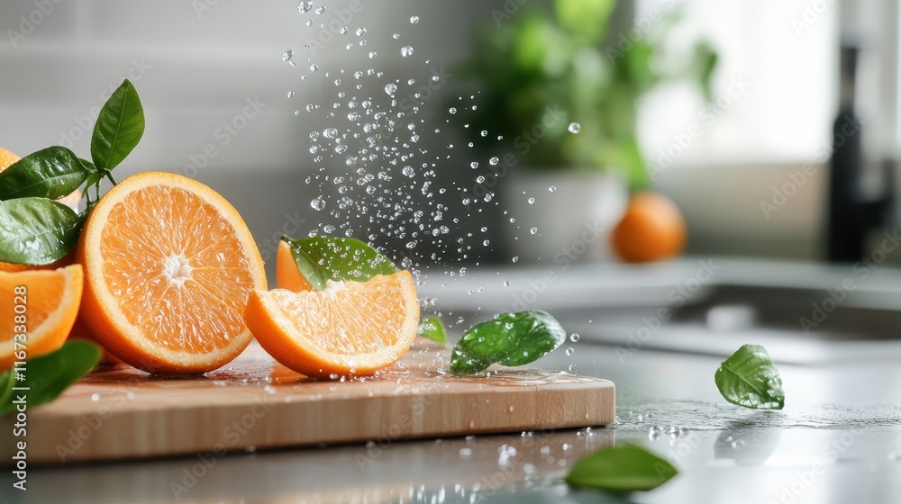 Poster vibrant sliced oranges with fresh leaves being splashed by water, creating a refreshing and lively s