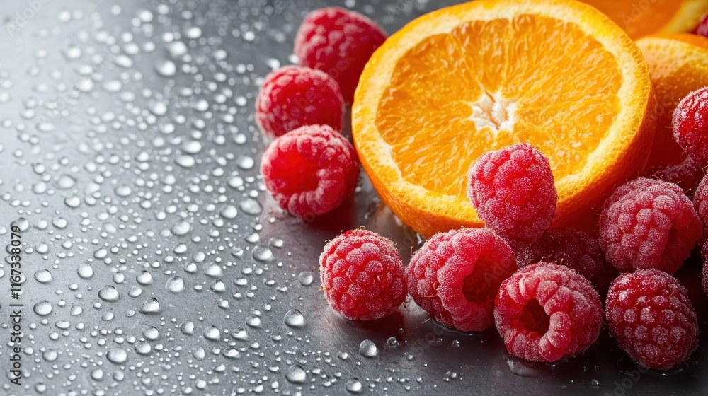 Poster vibrant raspberries and orange slices rest on a reflective surface adorned with droplets, capturing 