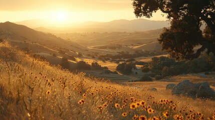 Golden sunset over wildflowers, valley, and hills.