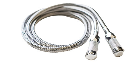 A pair of metallic braided hoses with connectors, often used in plumbing.