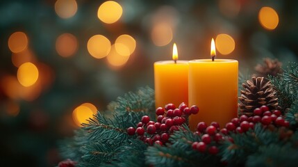 Two Lit Candles on a Christmas Wreath with Warm Bokeh Lights