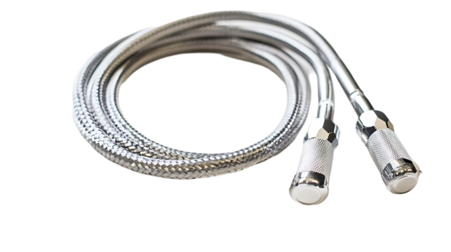 A pair of metallic braided hoses with connectors, often used in plumbing.