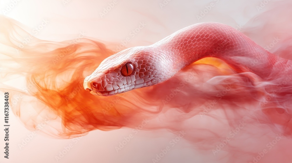 Poster a mesmerizing image of a pink snake entwined in wisps of ethereal smoke, creating an enchanting visu