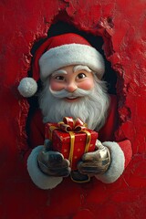3D cartoon-style illustration, with a cute smiling Santa Claus peeking out from a hole in a red wall, holding a present box