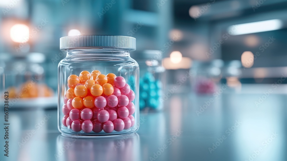 Poster a glass jar filled with colorful spherical objects creates a playful and vibrant display, capturing 