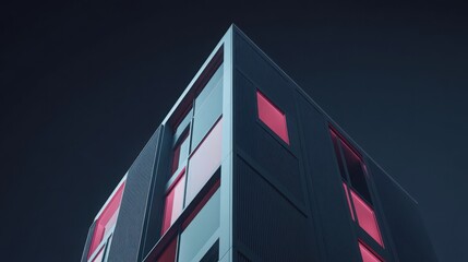 Modern architectural design highlighted by illuminated windows at dusk in a city landscape