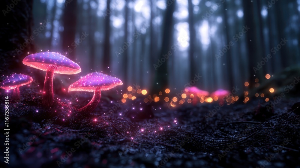 Poster mysterious glowing fungi create an enchanting scene in the forest, casting a soft light that highlig