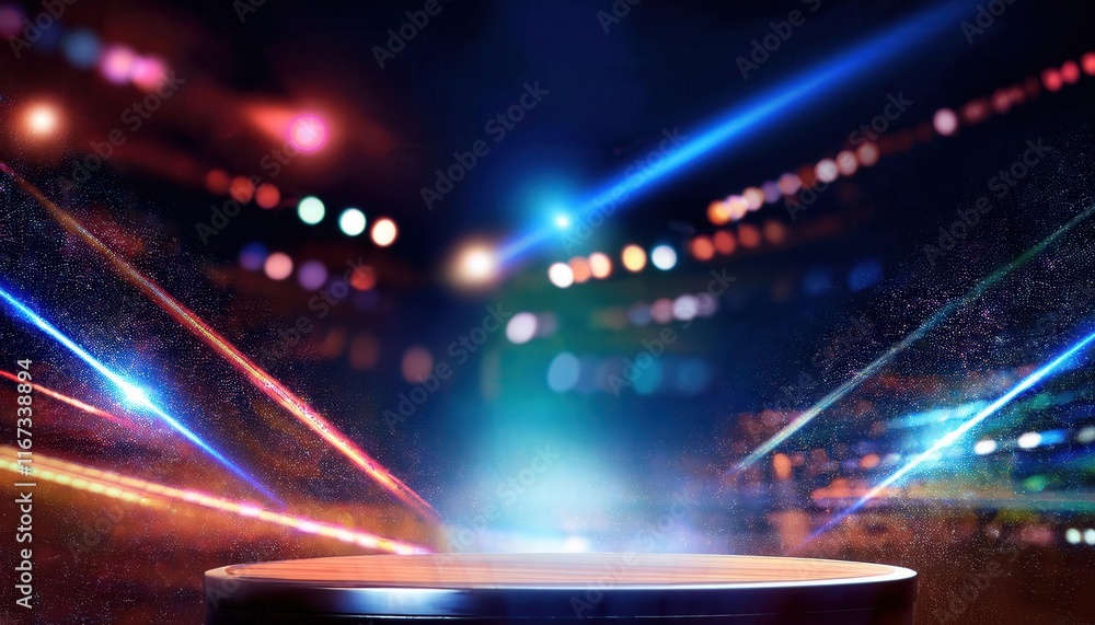 Aufkleber a vibrant stage scene with colorful lights and glowing particles, creating a dynamic atmosphere perf