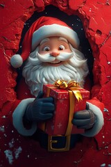 3D cartoon-style illustration, with a cute smiling Santa Claus peeking out from a hole in a red wall, holding a present box