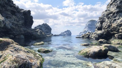 Serene Coastal Scene with Vibrant Marine Life and Smooth Stones - Photorealistic Ultra-Detailed View of Rocky Shoreline with Tide Pools and Calm Waves Creating Peaceful Ambiance