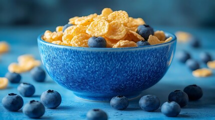 A blue bowl filled with cereal and blueberries