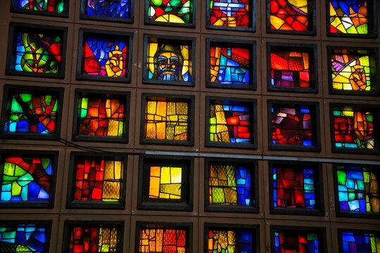 Debre Libanos, Ethiopia - 12 07 2024: stained glass window inside the church of the Debre Libanos monastery by Artists E.O. Hevezi 