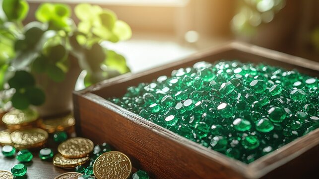Green gems in wooden box, gold coins, clover plant, sunlit window.