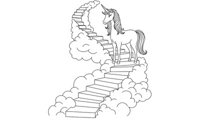 Fototapeta premium Magical unicorn on spiral stairs with clouds. Fantasy coloring drawing.