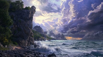 Cliffside Adventure: Dramatic View of Stormy Seas from High Above