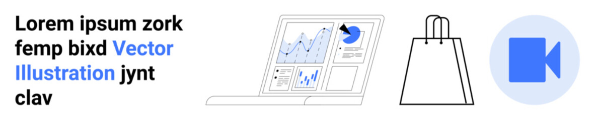 Laptop screen displaying graphs and data next to a shopping bag icon and a camera icon. Ideal for e-commerce, online shopping, digital analytics, marketing, video content creation, business reports
