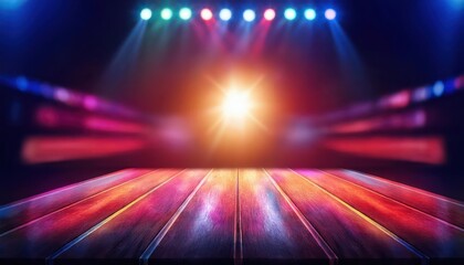 A vibrant stage illuminated by colorful lights, ready for a performance with a shiny wooden floor reflecting the dazzling beams.