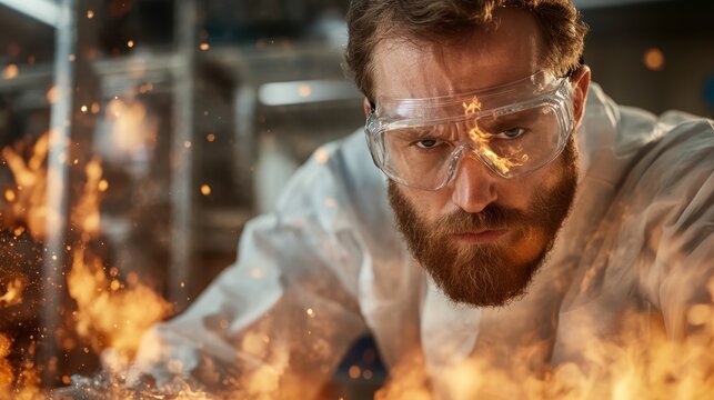 A dedicated scientist with protective goggles is meticulously observing flames during an experimental procedure in a dynamic laboratory environment.